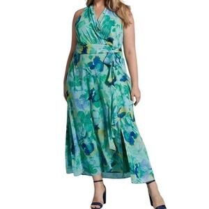 NWT London Times Peri Green Floral Chiffon Maxi Dress Plus 16W Sleeveless V-Neck